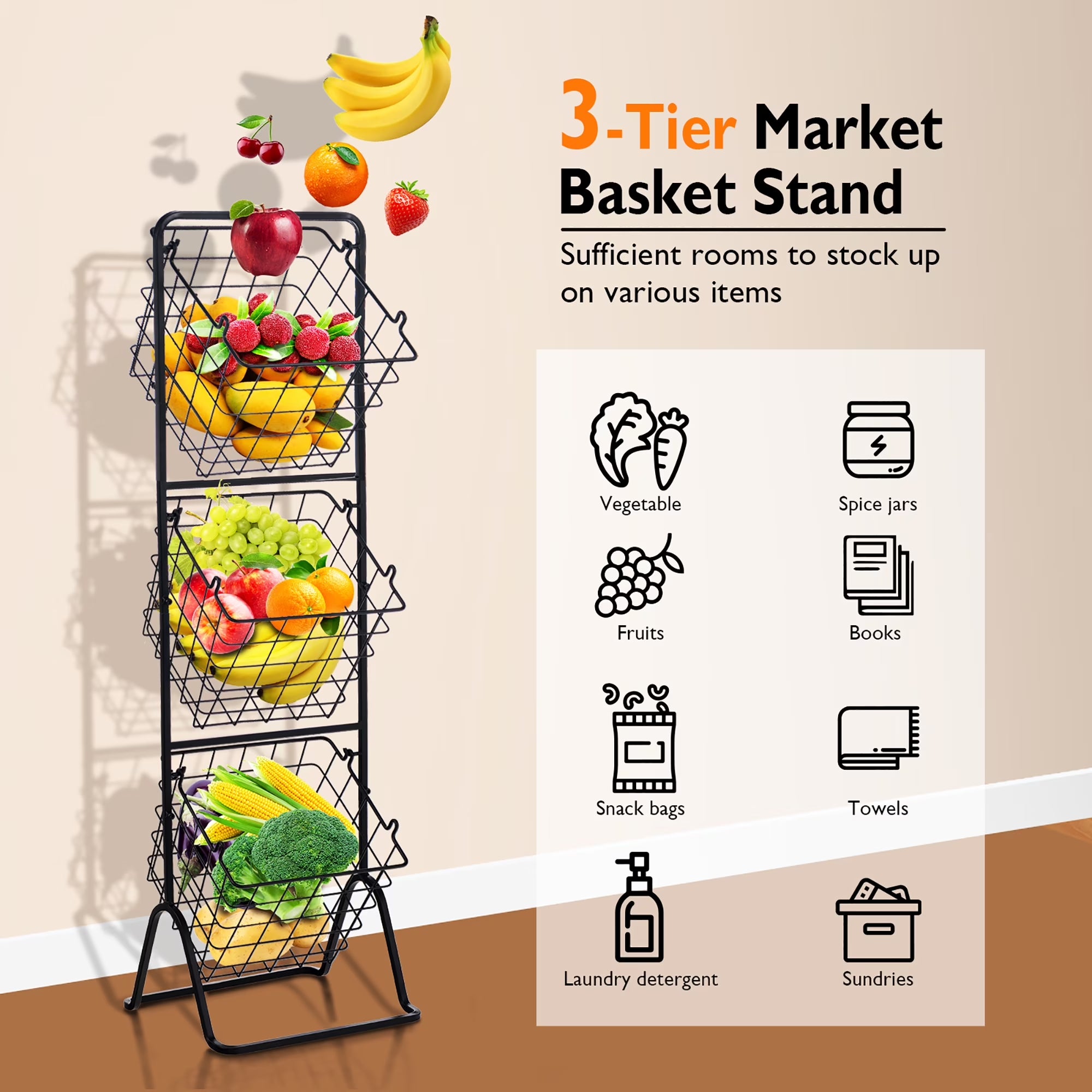 3-Tier Wire Fruit Basket Stand Kitchen Snack Vegetable Storage Organizer