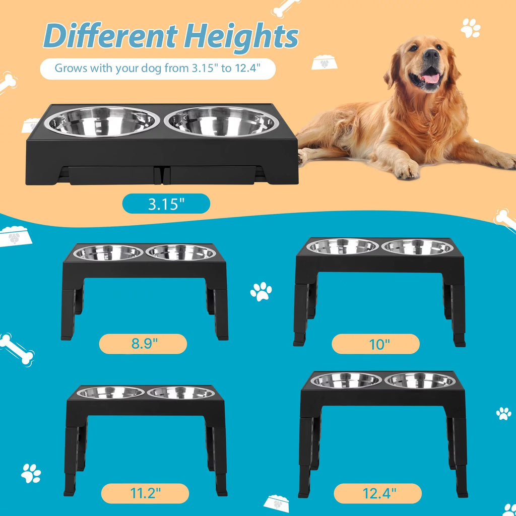 Elevated Dog Bowls Stand with 2 Stainless Steel Dishes 1 Slow Feeder Dog Bowl, Raised Dog Bowl Adjusts to 5 Heights (3.15",8.9'',10",11.2'',12.4") for Medium and Large Dogs(Black)