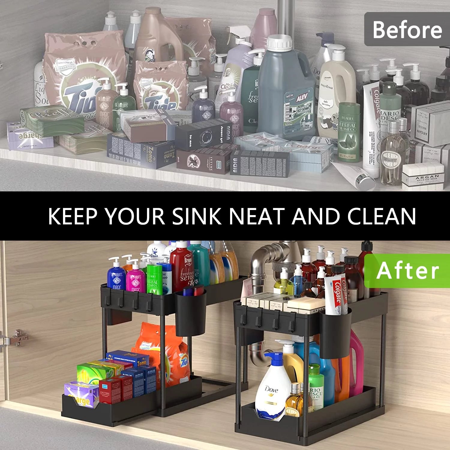 2-Pack under Sink Organizer, 2 Tier Sliding under Sink Storage, High-Quality ABS for Bathroom & Kitchen
