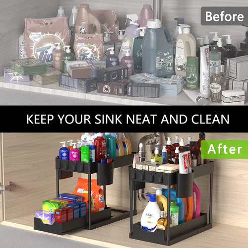 2-Pack under Sink Organizer, 2 Tier Sliding under Sink Storage, High-Quality ABS for Bathroom & Kitchen