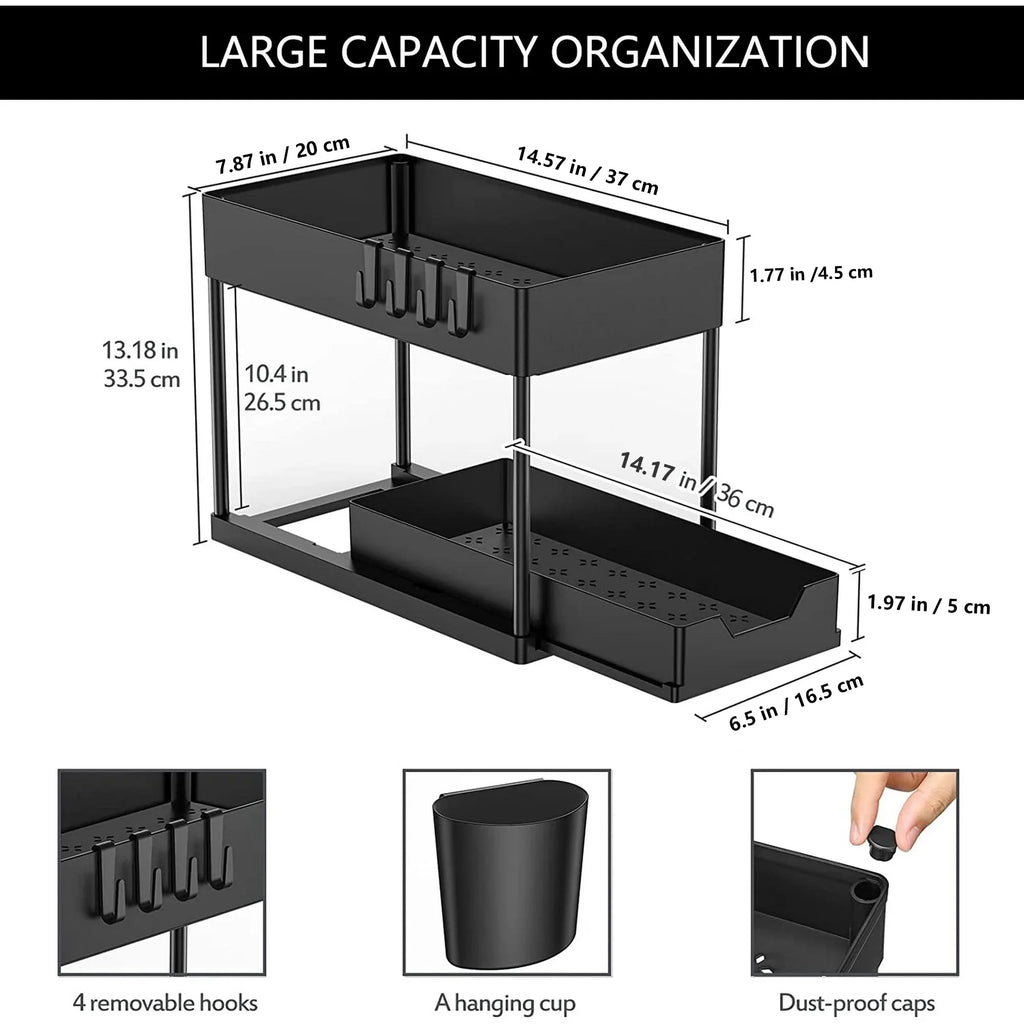 2-Pack under Sink Organizer, 2 Tier Sliding under Sink Storage, High-Quality ABS for Bathroom & Kitchen