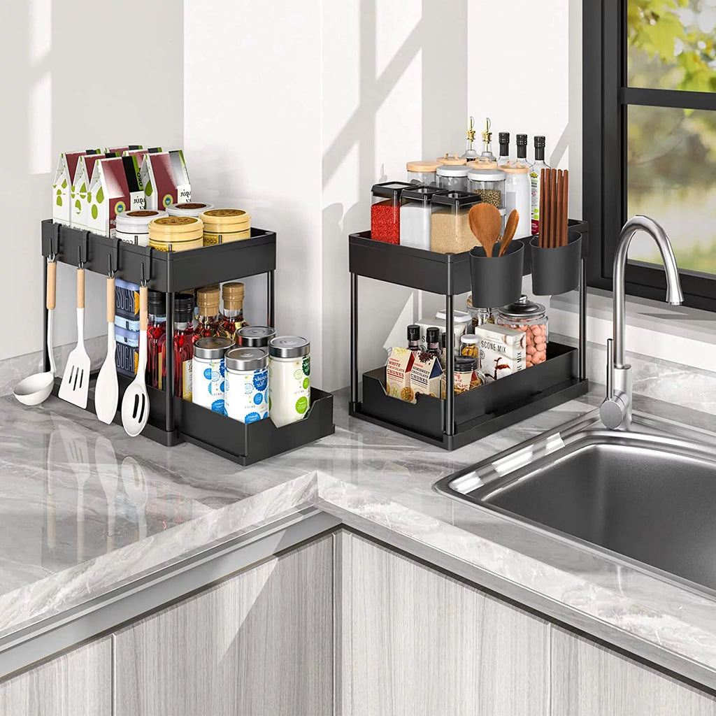 2-Pack under Sink Organizer, 2 Tier Sliding under Sink Storage, High-Quality ABS for Bathroom & Kitchen