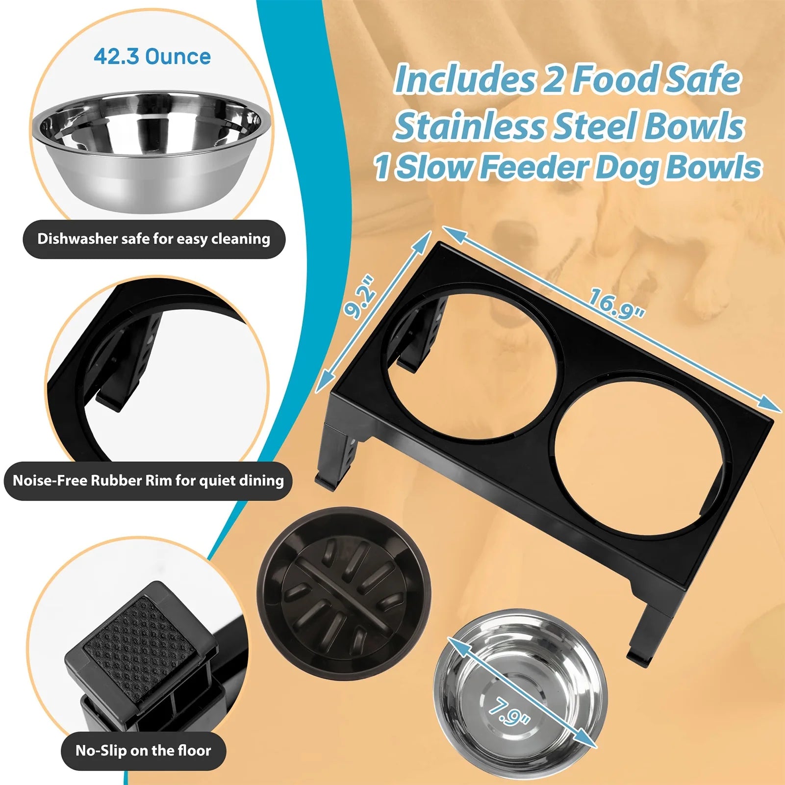 Elevated Dog Bowls Stand with 2 Stainless Steel Dishes 1 Slow Feeder Dog Bowl, Raised Dog Bowl Adjusts to 5 Heights (3.15",8.9'',10",11.2'',12.4") for Medium and Large Dogs(Black)