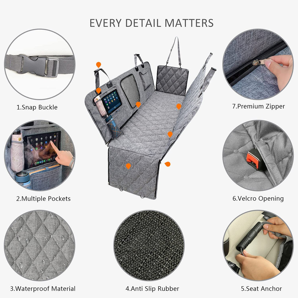 Car Dog Cover Back Seat - Waterproof Hammock with Mesh Window Multiple Pockets for Car/Truck/Suv Nonslip Rubber Back Washable