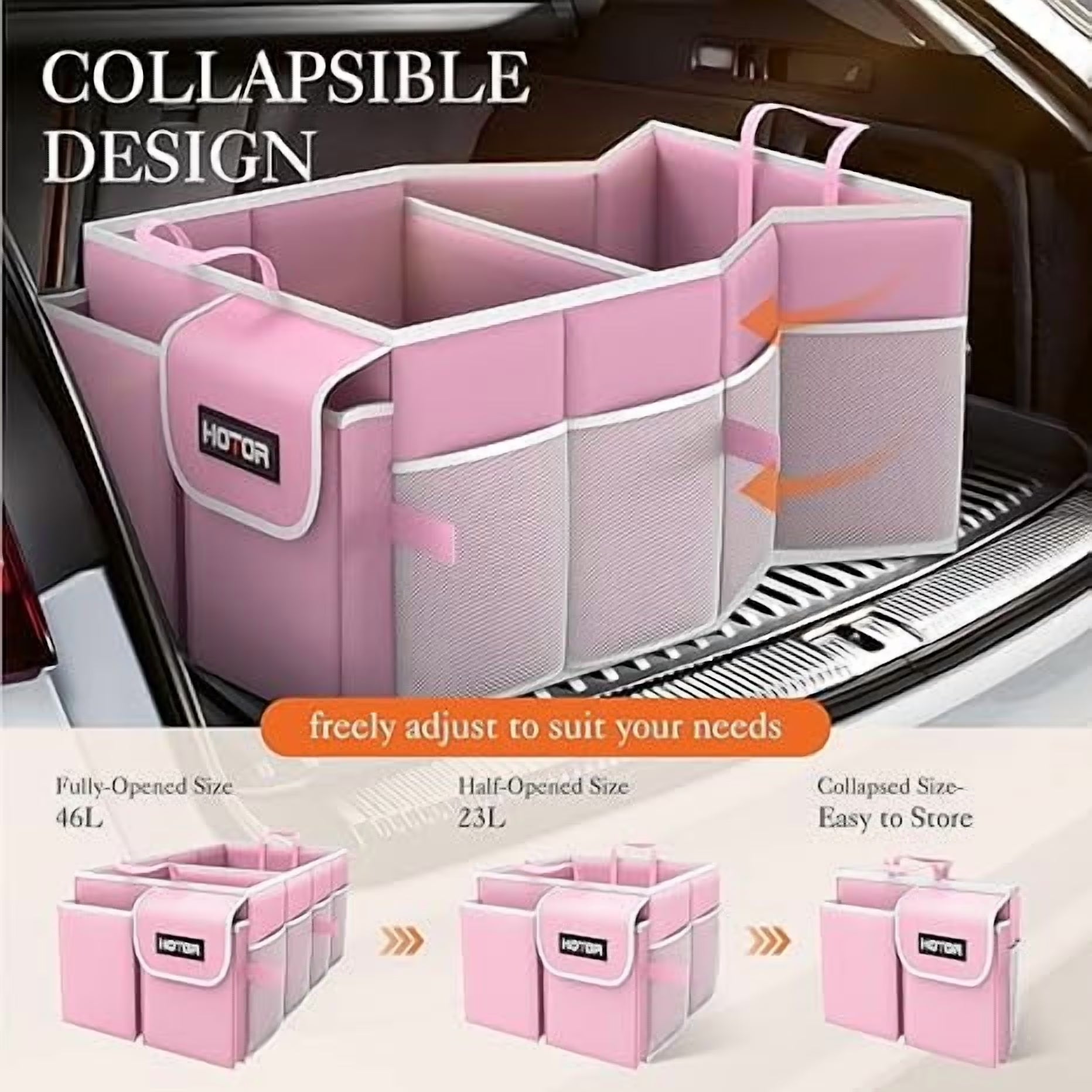 Trunk Organizer for Car and SUV - Large-Capacity Car Organizer with Multiple Compartments, Foldable Car Organization for Car Accessories, Tools, Sundries, Pink