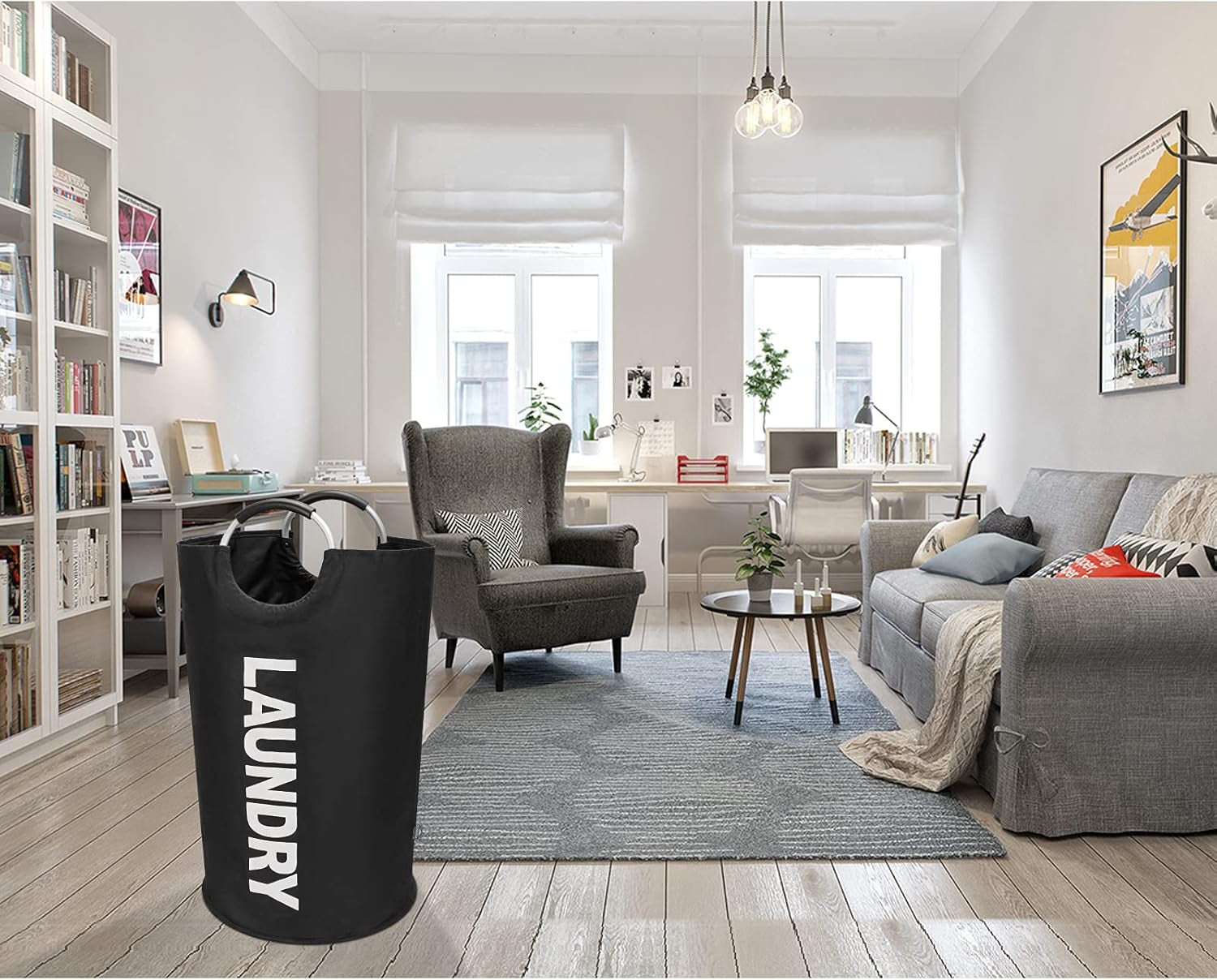 90L Large Laundry Basket, Collapsible Laundry Bag, Freestanding Tall Clothes Hamper, Foldable Washing Bin (Black)