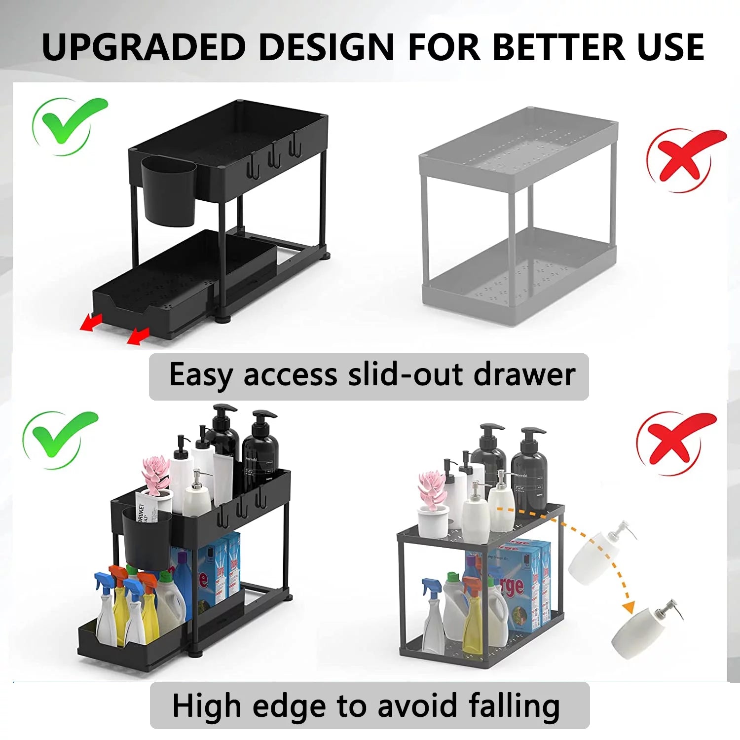 2-Pack under Sink Organizer, 2 Tier Sliding under Sink Storage, High-Quality ABS for Bathroom & Kitchen