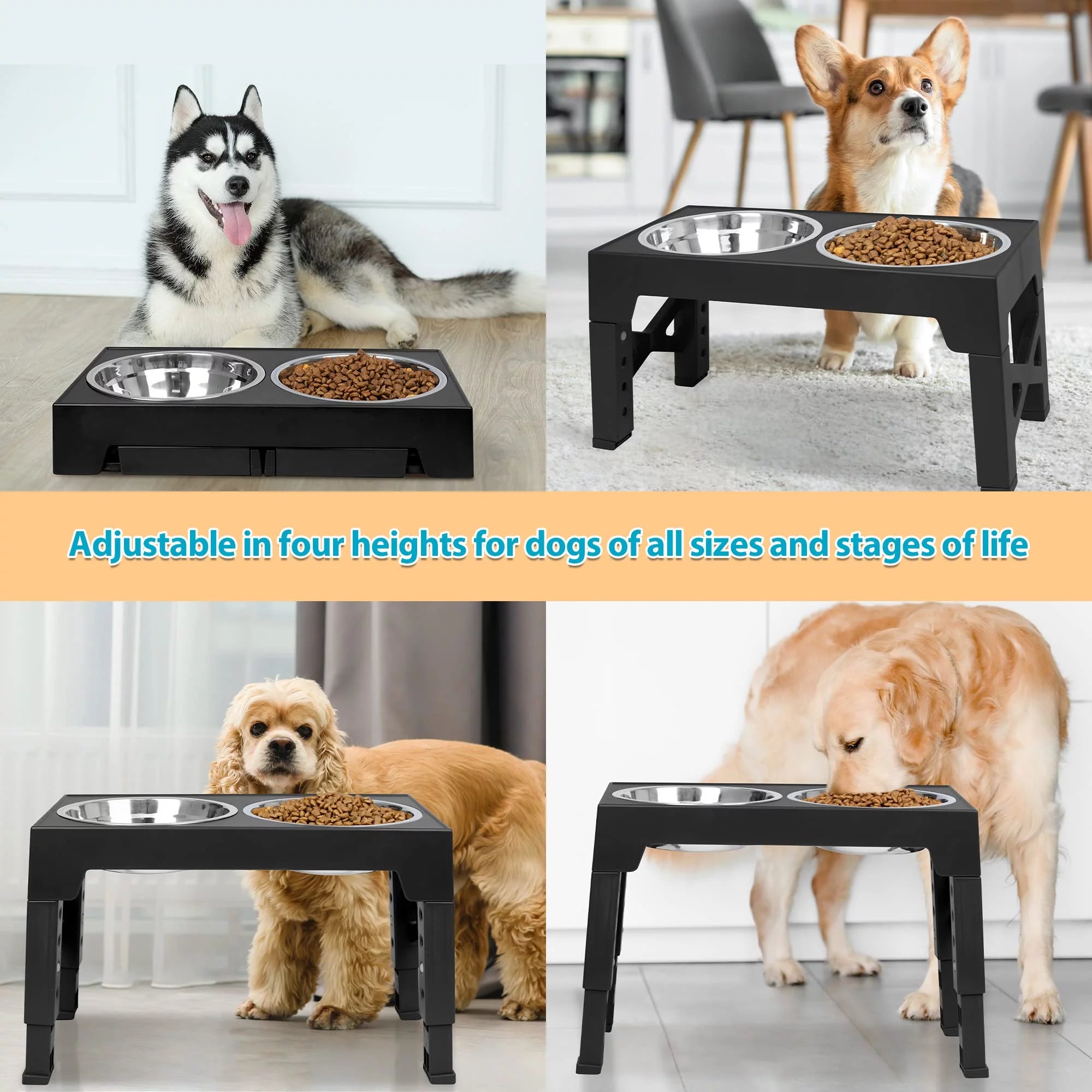 Elevated Dog Bowls Stand with 2 Stainless Steel Dishes 1 Slow Feeder Dog Bowl, Raised Dog Bowl Adjusts to 5 Heights (3.15",8.9'',10",11.2'',12.4") for Medium and Large Dogs(Black)