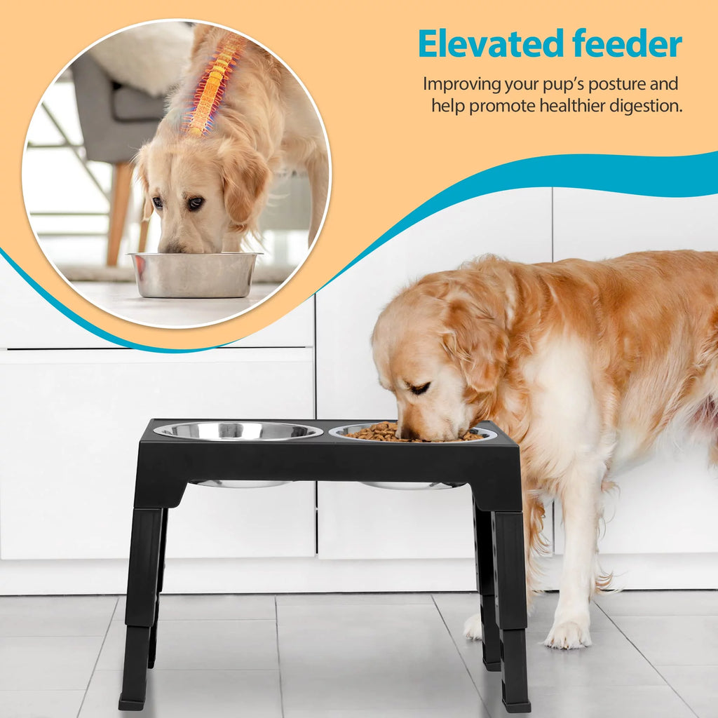 Elevated Dog Bowls Stand with 2 Stainless Steel Dishes 1 Slow Feeder Dog Bowl, Raised Dog Bowl Adjusts to 5 Heights (3.15",8.9'',10",11.2'',12.4") for Medium and Large Dogs(Black)