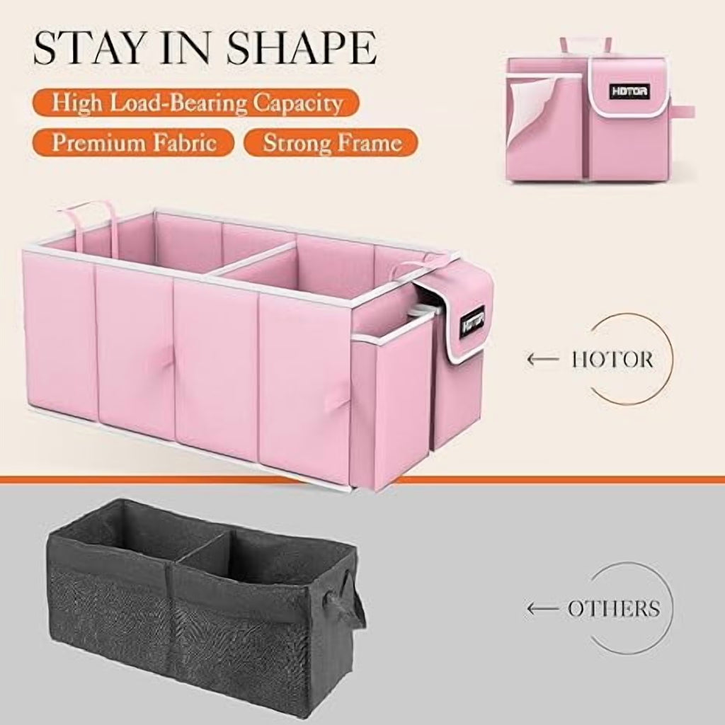 Trunk Organizer for Car and SUV - Large-Capacity Car Organizer with Multiple Compartments, Foldable Car Organization for Car Accessories, Tools, Sundries, Pink