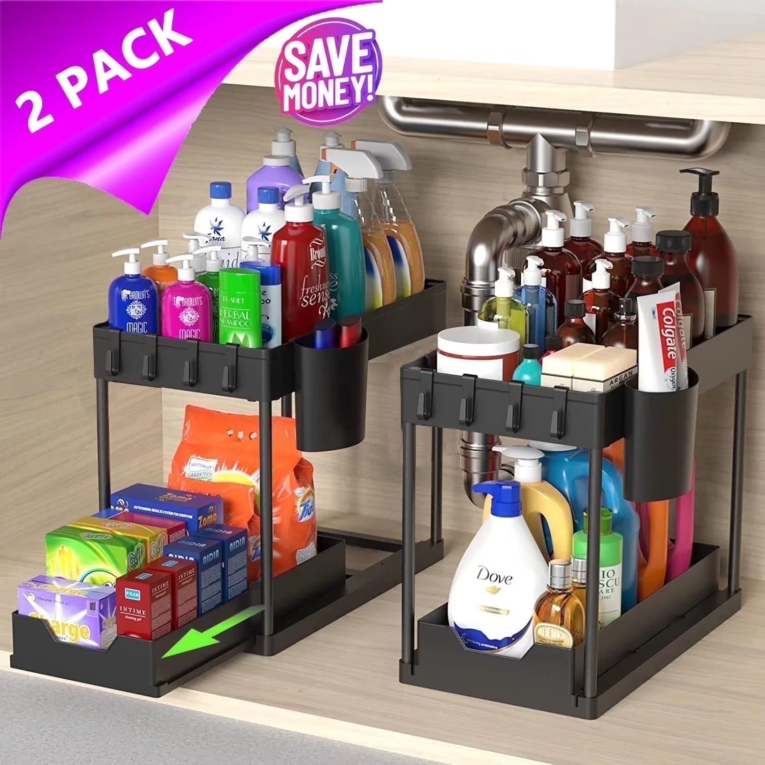 2-Pack under Sink Organizer, 2 Tier Sliding under Sink Storage, High-Quality ABS for Bathroom & Kitchen