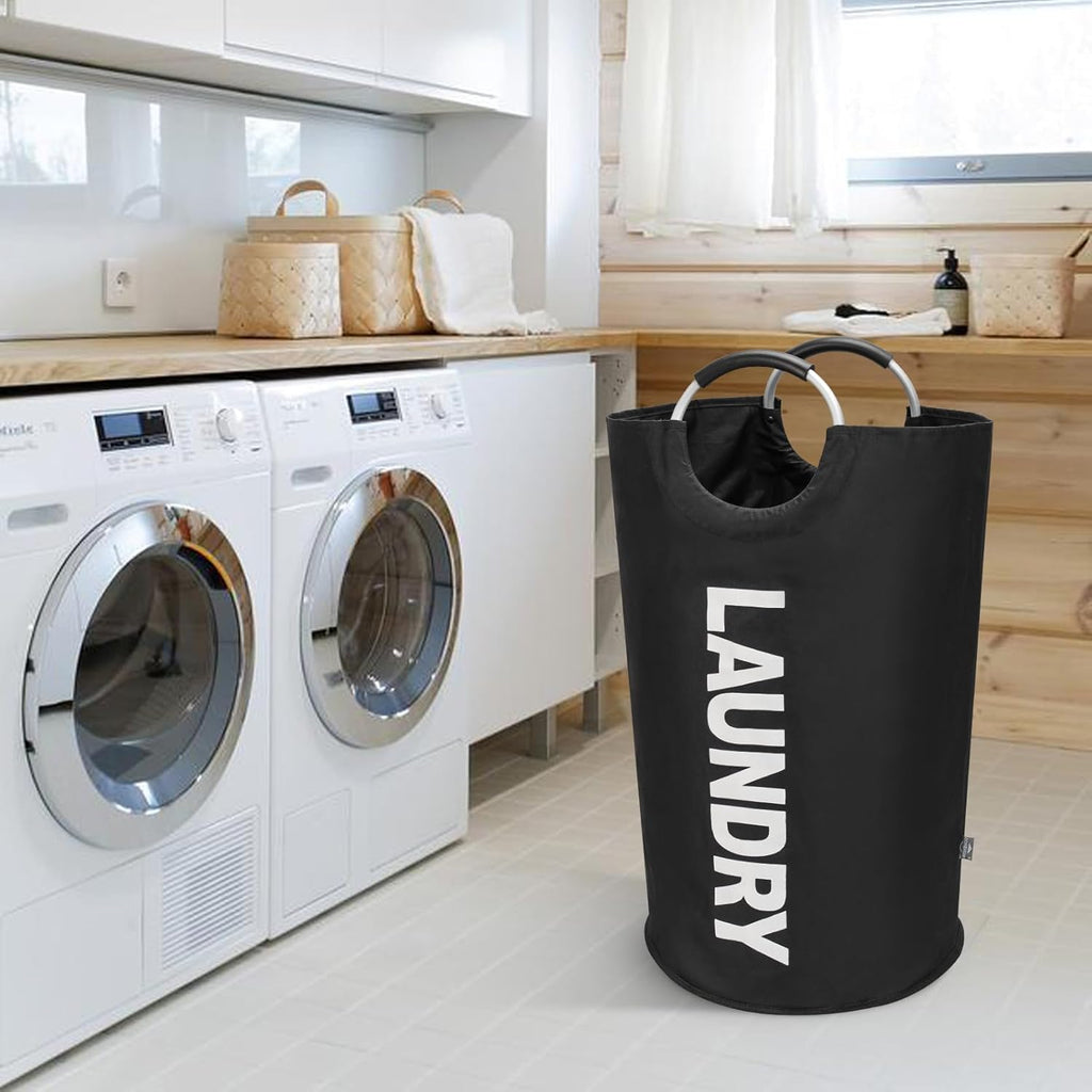 90L Large Laundry Basket, Collapsible Laundry Bag, Freestanding Tall Clothes Hamper, Foldable Washing Bin (Black)