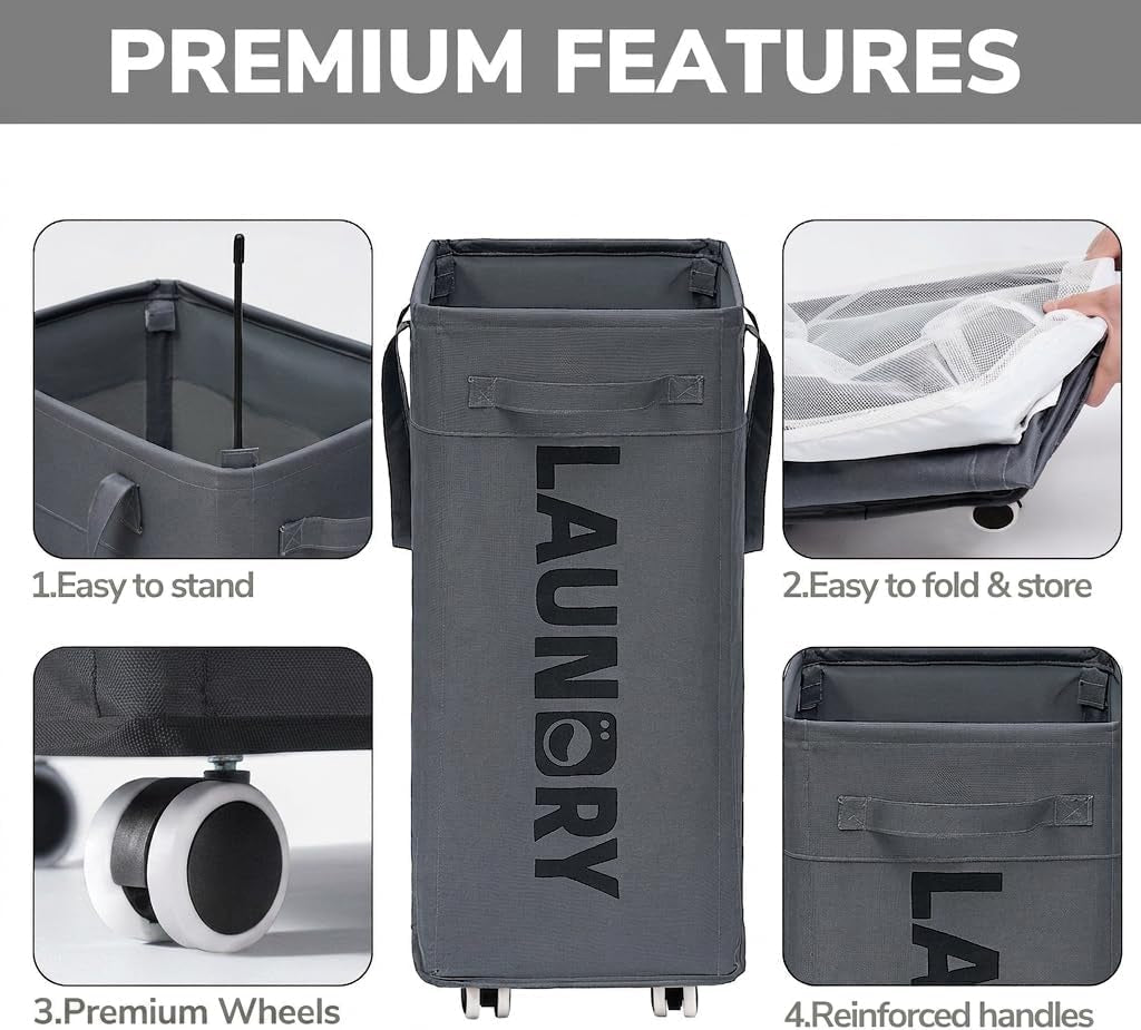 Laundry Basket with Wheels, Laundry Hamper with Removable Wash Bag, Clothes Hamper, Rolling Laundry Basket, Dorm Room Essentials, 75L, Grey