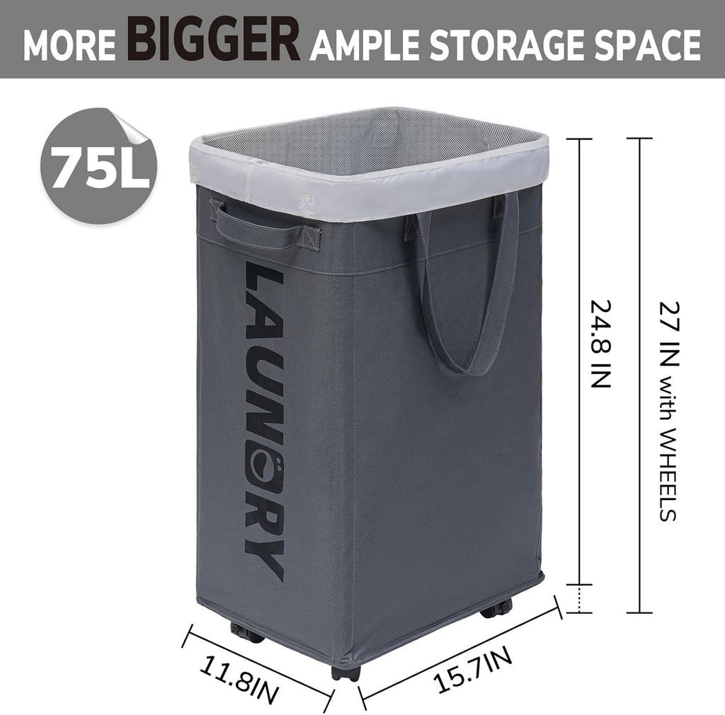 Laundry Basket with Wheels, Laundry Hamper with Removable Wash Bag, Clothes Hamper, Rolling Laundry Basket, Dorm Room Essentials, 75L, Grey