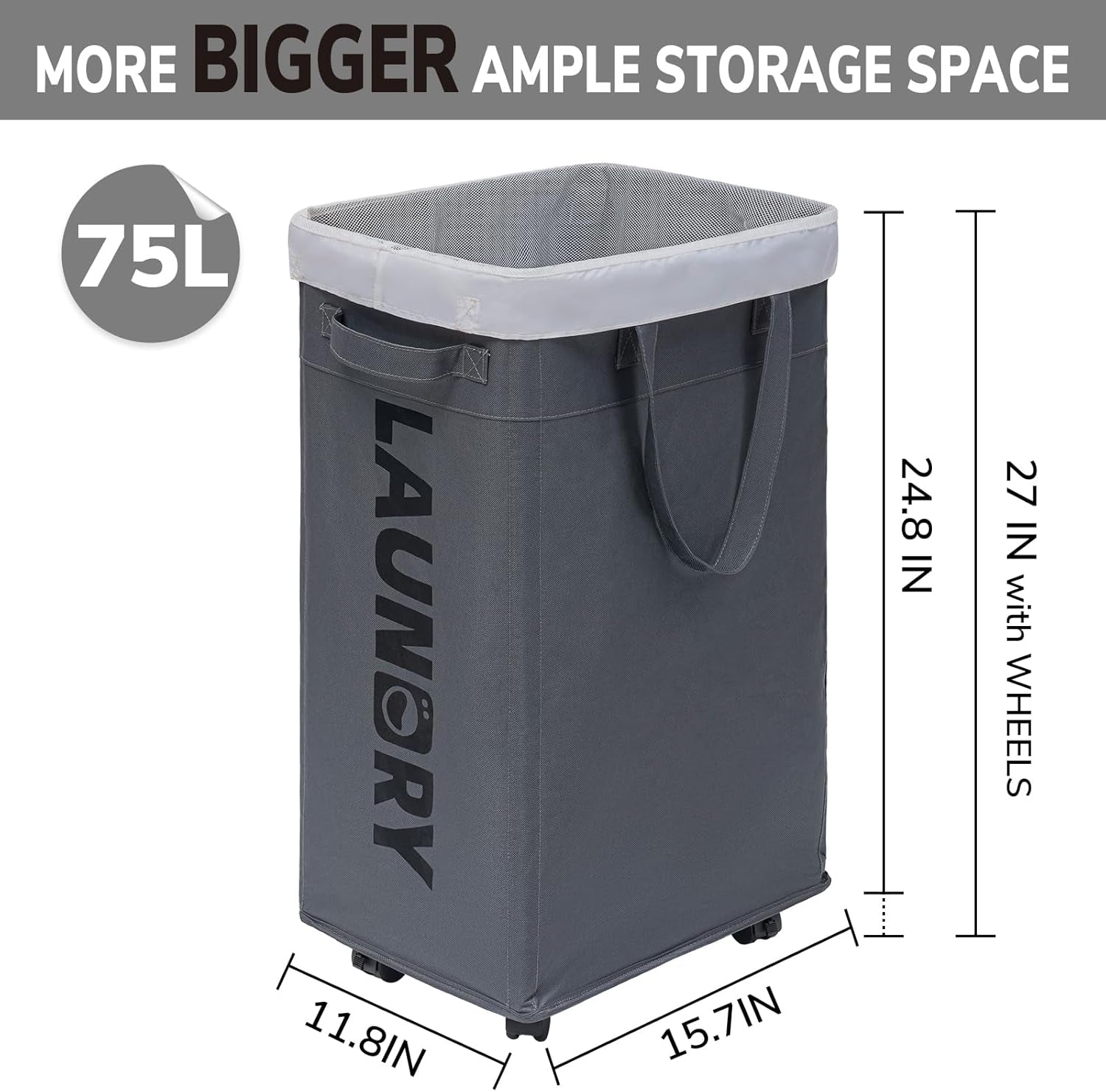 Laundry Basket with Wheels, Laundry Hamper with Removable Wash Bag, Clothes Hamper, Rolling Laundry Basket, Dorm Room Essentials, 75L, Grey