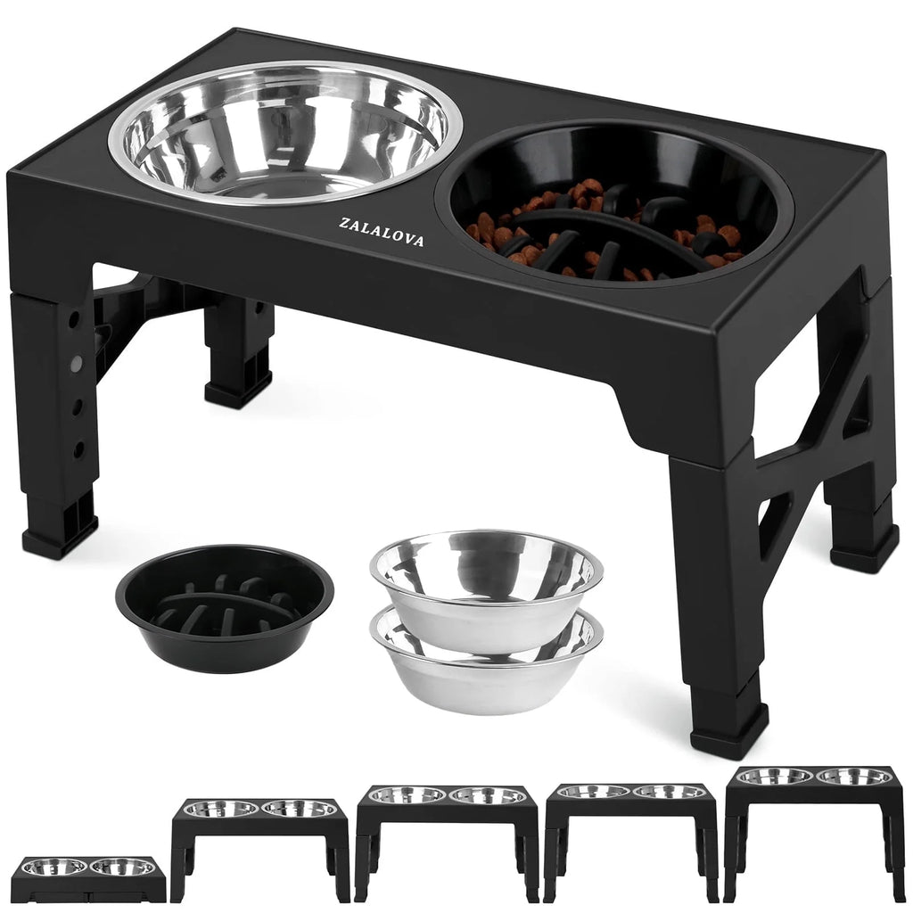 Elevated Dog Bowls Stand with 2 Stainless Steel Dishes 1 Slow Feeder Dog Bowl, Raised Dog Bowl Adjusts to 5 Heights (3.15",8.9'',10",11.2'',12.4") for Medium and Large Dogs(Black)