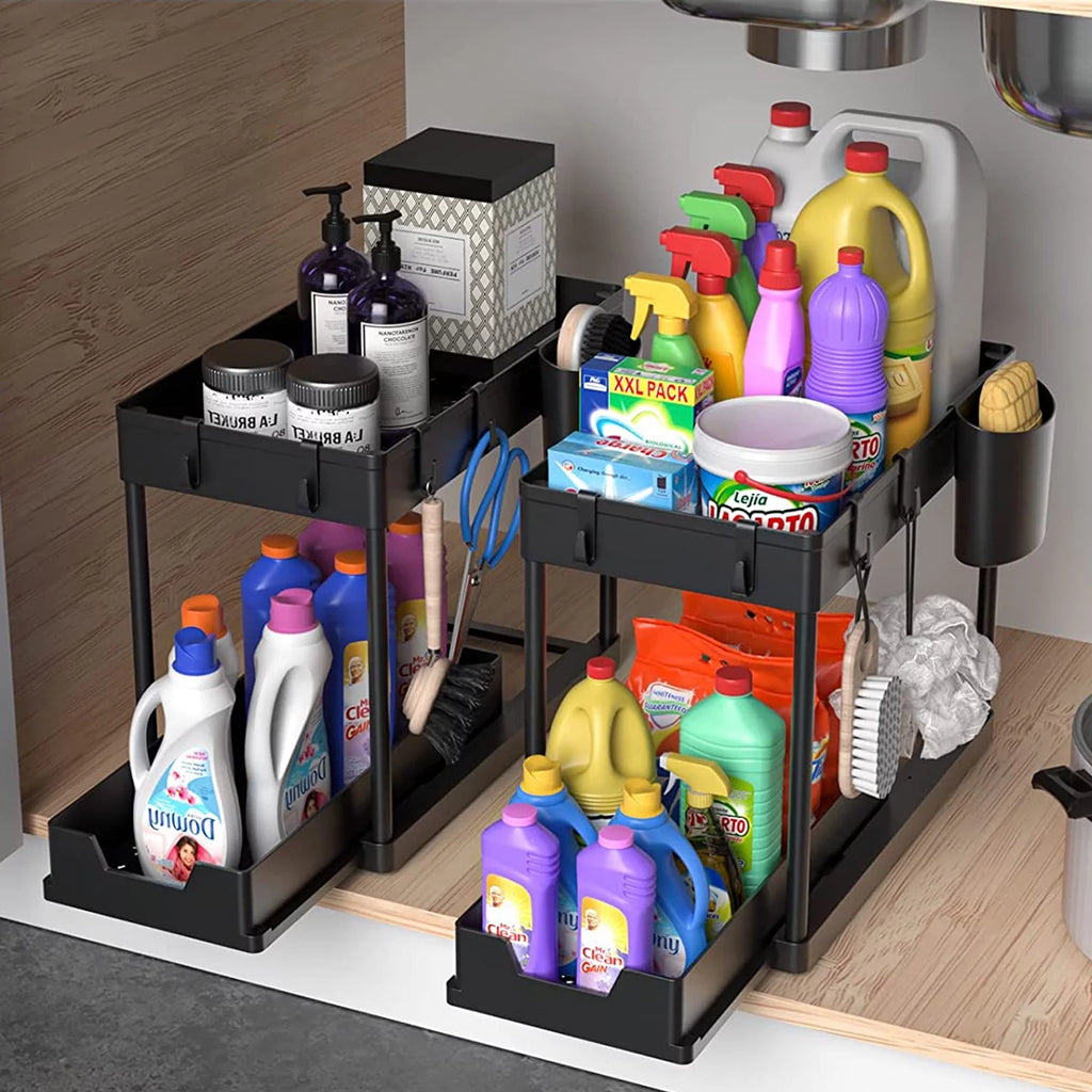2-Pack under Sink Organizer, 2 Tier Sliding under Sink Storage, High-Quality ABS for Bathroom & Kitchen