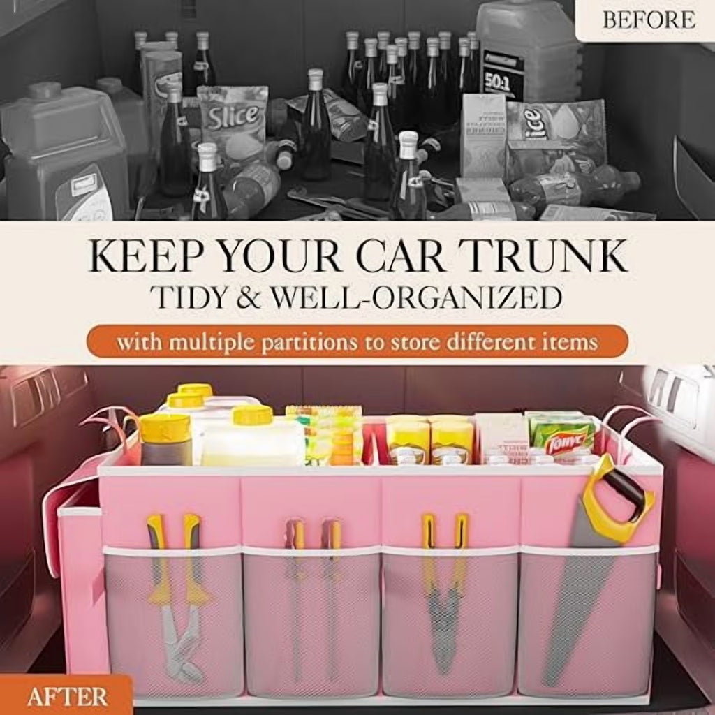 Trunk Organizer for Car and SUV - Large-Capacity Car Organizer with Multiple Compartments, Foldable Car Organization for Car Accessories, Tools, Sundries, Pink