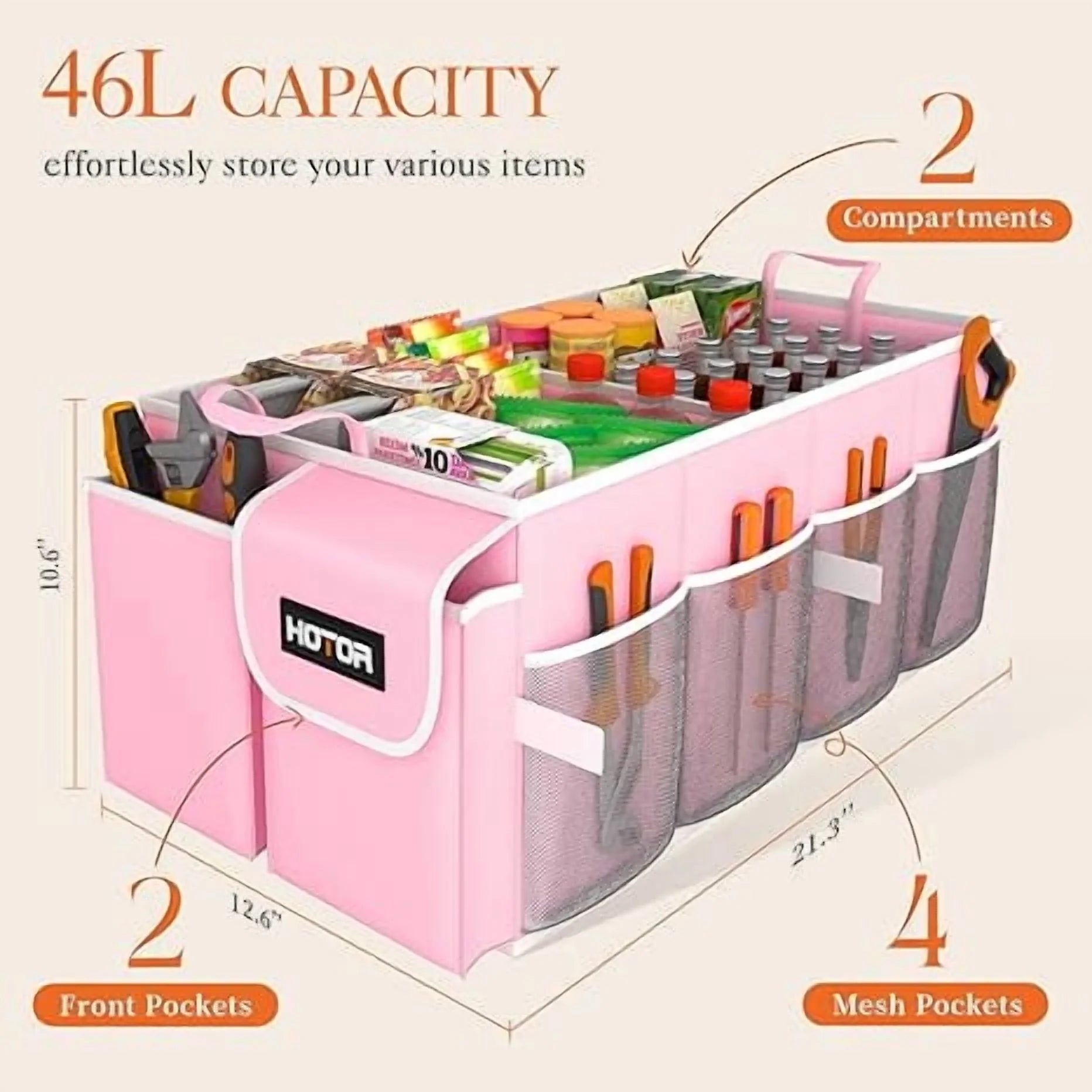 Trunk Organizer for Car and SUV - Large-Capacity Car Organizer with Multiple Compartments, Foldable Car Organization for Car Accessories, Tools, Sundries, Pink