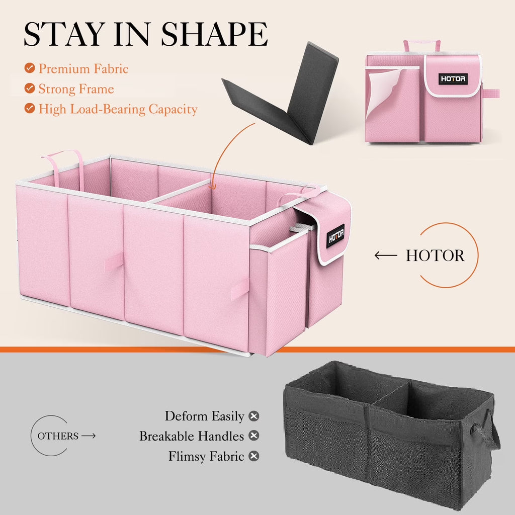 Trunk Organizer for Car and SUV - Large-Capacity Car Organizer with Multiple Compartments, Foldable Car Organization for Car Accessories, Tools, Sundries, Pink