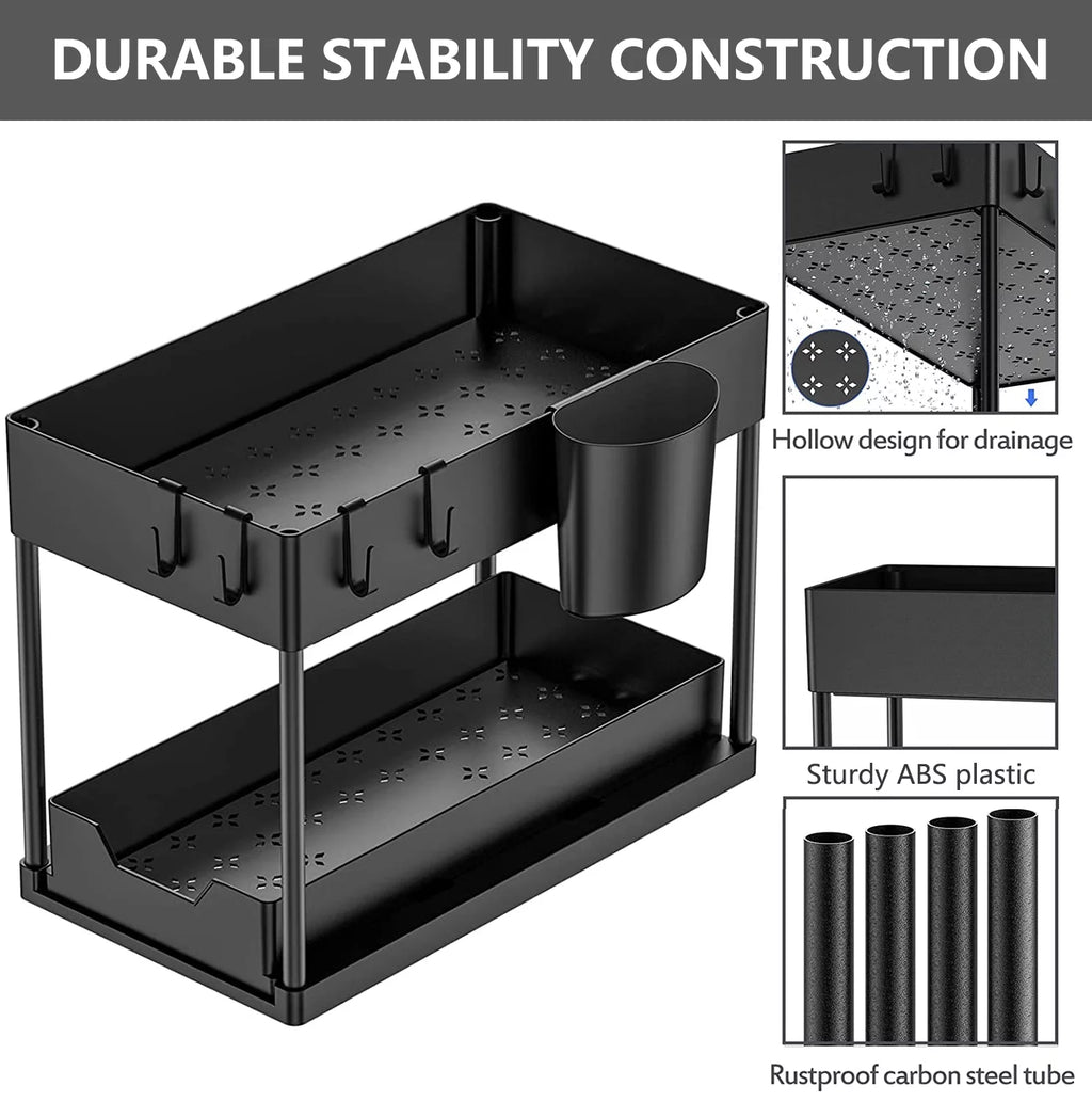 2-Pack under Sink Organizer, 2 Tier Sliding under Sink Storage, High-Quality ABS for Bathroom & Kitchen