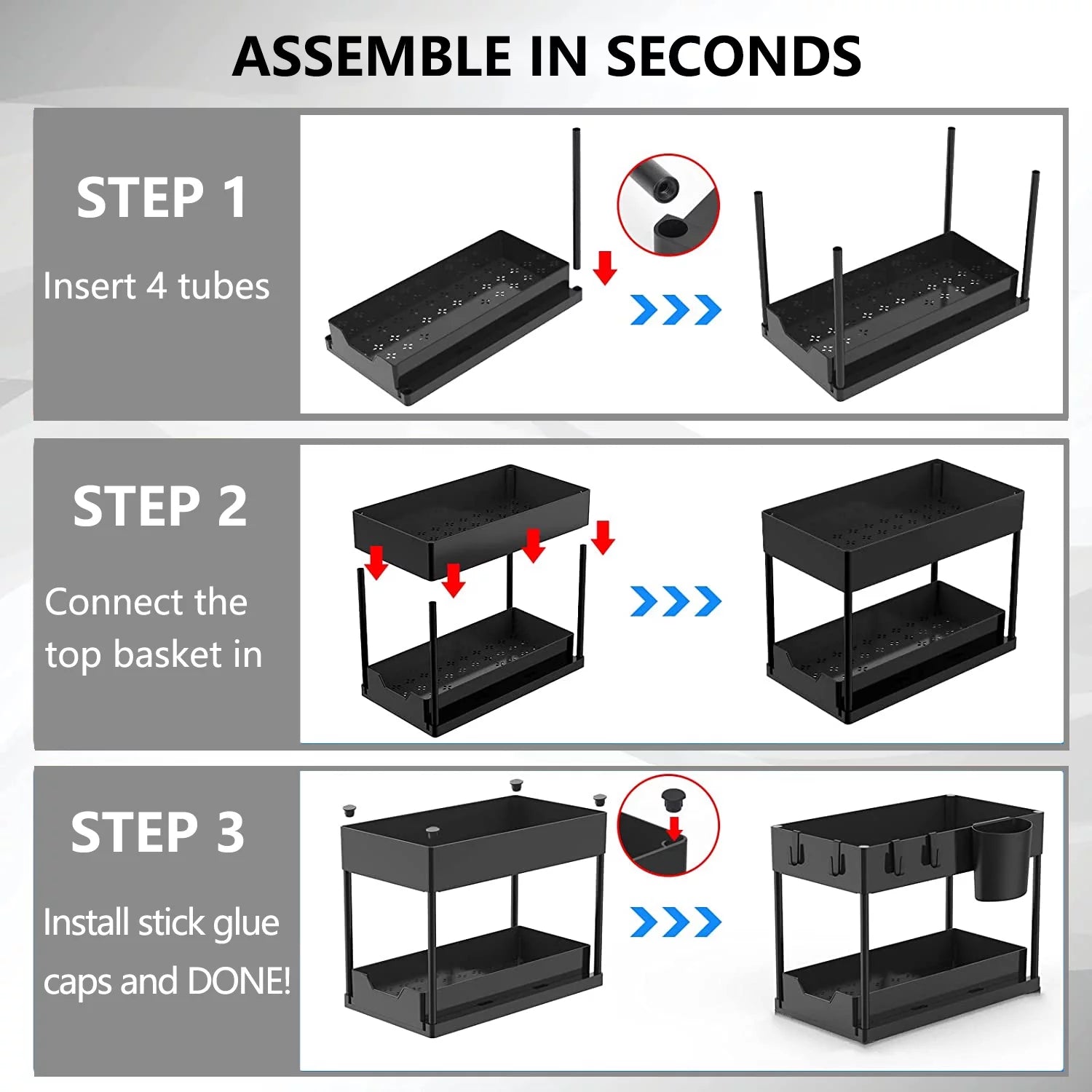 2-Pack under Sink Organizer, 2 Tier Sliding under Sink Storage, High-Quality ABS for Bathroom & Kitchen