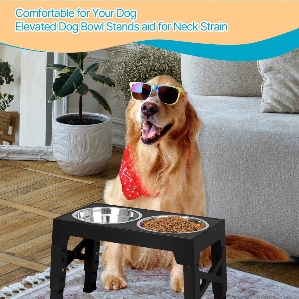 Elevated Dog Bowls Stand with 2 Stainless Steel Dishes 1 Slow Feeder Dog Bowl, Raised Dog Bowl Adjusts to 5 Heights (3.15",8.9'',10",11.2'',12.4") for Medium and Large Dogs(Black)