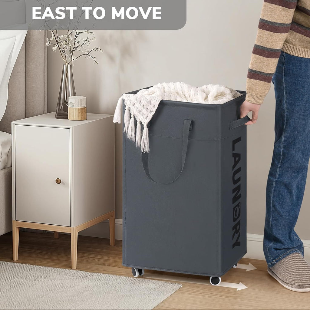 Laundry Basket with Wheels, Laundry Hamper with Removable Wash Bag, Clothes Hamper, Rolling Laundry Basket, Dorm Room Essentials, 75L, Grey