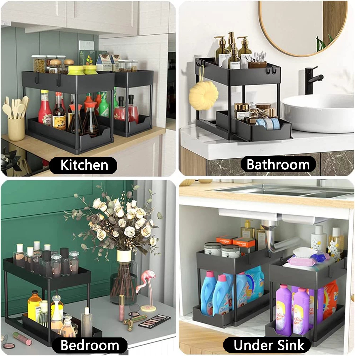 2-Pack under Sink Organizer, 2 Tier Sliding under Sink Storage, High-Quality ABS for Bathroom & Kitchen