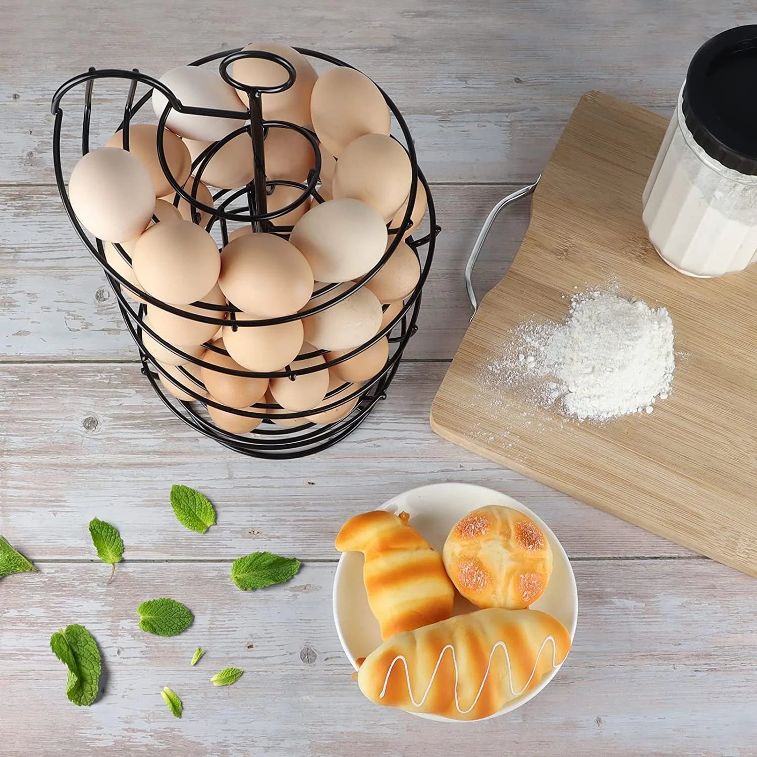 Egg Skelter, Spiral Design Egg Dispenser Rack Holder with Storage Basket for Countertop, Kitchen