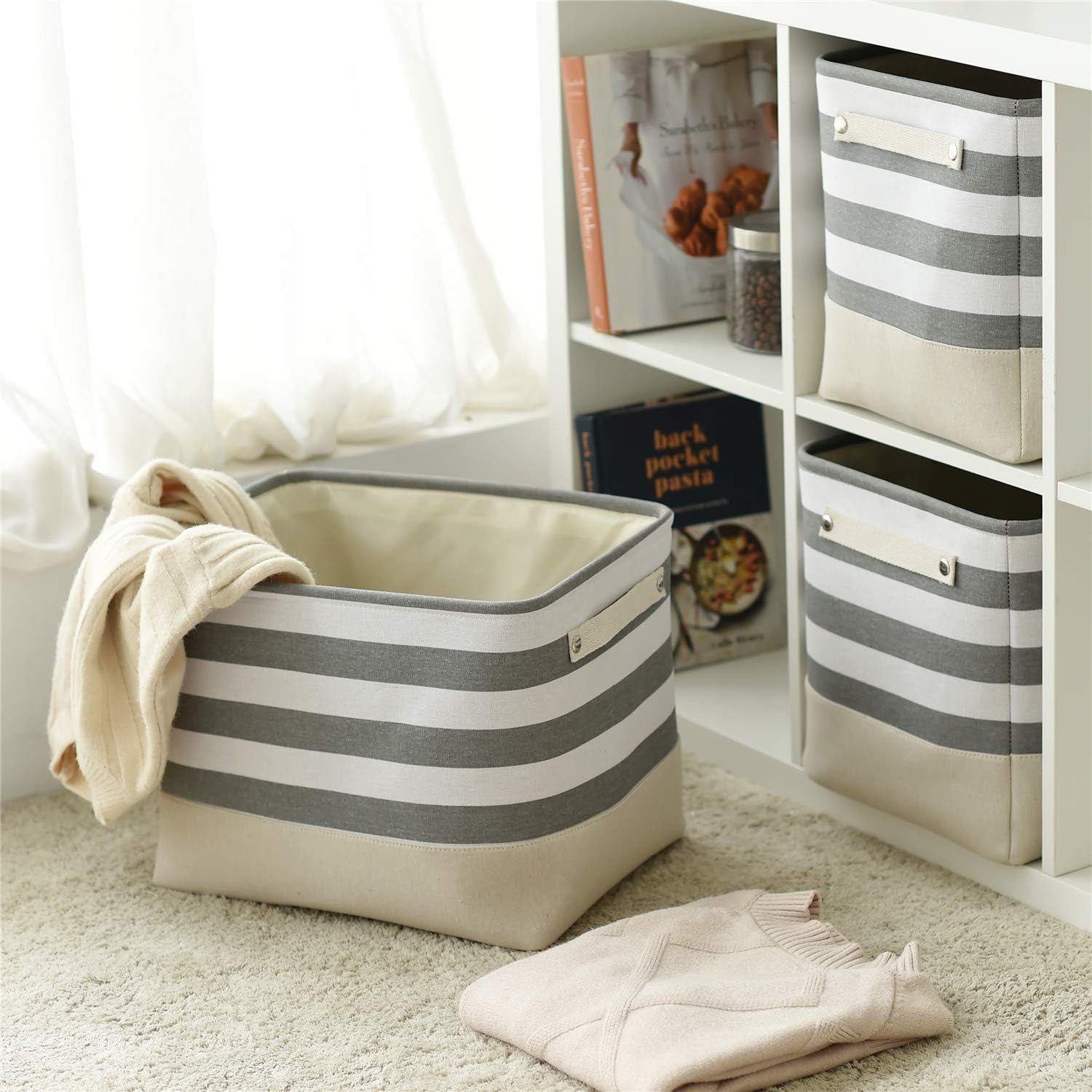 Extra Large Cube Storage Bins Baskets for Organizing, Sturdy Fabric Storage Basket Cube W/Handles, Decorative Foldable Storage Baskets for Shelves Closet Nursery Toy (3 Pack 16×12×12Inch)